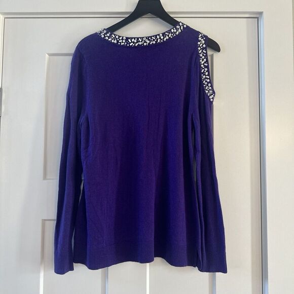 INC Concepts Jewel Cut Out Sweater L Purple Cashmere Silk Holiday Cold Shoulder - Picture 11 of 11